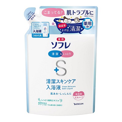 【バスクリン】薬用ソフレ 清潔スキンケア入浴液 グリーンフローラル調の香り つめかえ用 600mL 〔医薬部外品〕 ※お取り寄せ商品