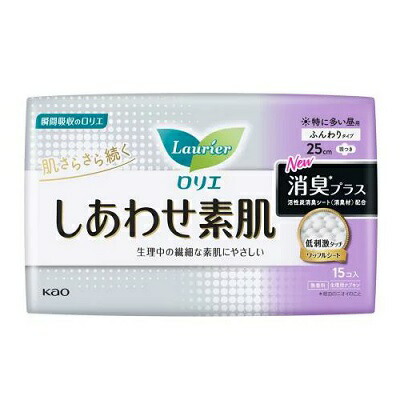 【花王】ロリエ しあわせ素肌 消臭プラス 特に多い昼用 羽つき 25cm 無香料 15個入 〔医薬部外品〕 ※お取り寄せ商品