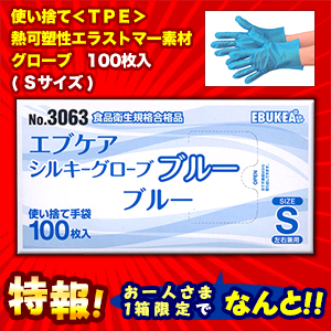 特報!なんと!あの【エブケア】No.3063 使い捨て シルキーグローブ ブルー Sサイズ 箱入り 100枚 が～“お一人様1個限定"でお試し価格! ※お取り寄せ商品